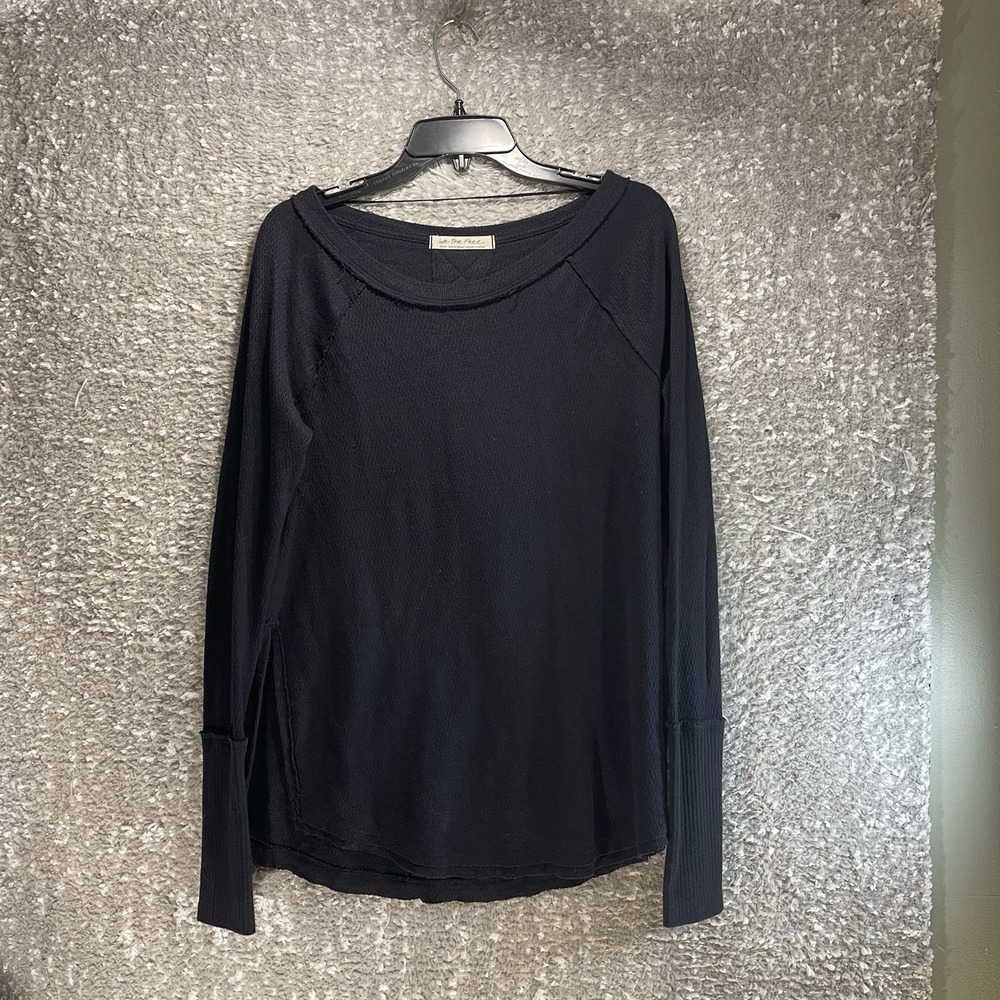 Free People WE THE FREE Pullover Long Sleeve Black Thermal Oversized Top Slits S